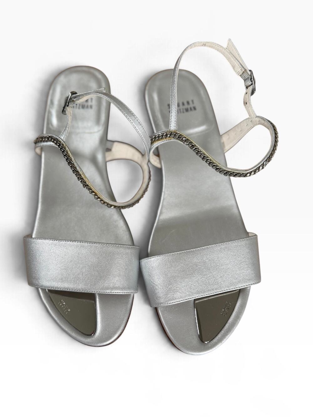 Stuart Weitzman Silver Metallic Chain Accent Low Heel Sandals Size 8.5